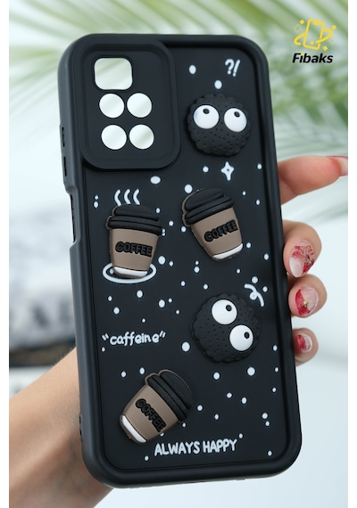 Fibaks Redmi 10 2022 Uyumlu Kılıf Tasarımlı Desenli Kamera Korumalı Coffee Kurabiye Siyah Yumuşak Silikon Kapak