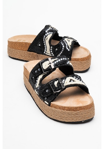 Luvishoes Luvi Shoes Bobby Siyah Taşlı Etnik Desenli Hasır Kalın Mantar Tabanlı Kadın Terlik Siyah Luvishoes Luvi Shoes Bobby Siyah Taşlı Etnik Desenli Hasır Kalın Mantar Tabanlı Kadın Terlik Siyah