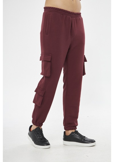 Unisex Bordo 3 Iplik Jogger Rahat Kalıp Kargo Cepli Eşofman Altı Bordo