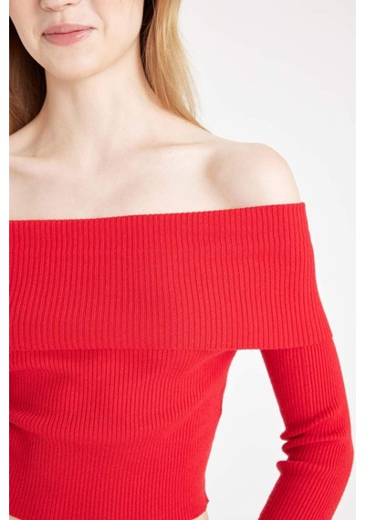 Defacto Coool Slim Fit Dar Kesim Açık Omuz Basic Düz Triko Kazak B6537AX24WNRD106 Kırmızı