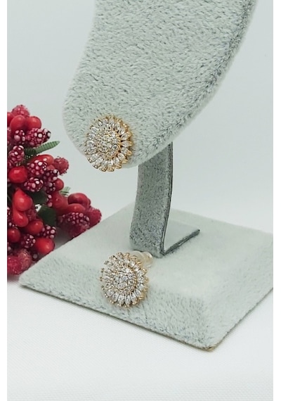 Rose Altın Kaplama Vip Seri Zirkon Taşlı Zarif Güneş Küpe 1 cm Rose Gold