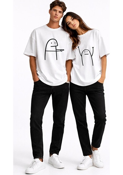 Nevermind Komik Çöp Adam Çift Tişörtü Oversize Unisex Sevgili Kombini Baskı Beyaz