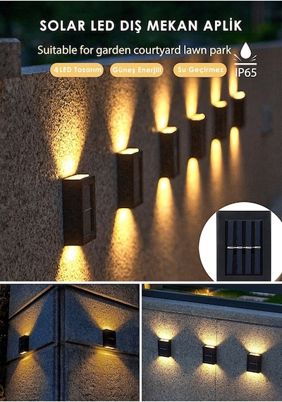 4 Ledli Solar Çift Taraflı Duvar Lambası Güneş Enerjili Aydınlatma Dekorasyon Aplik Işık RGB
