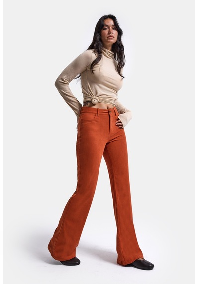 Kadın Turuncu Flare Fit Velvet Kadife Kumaş Pantolon