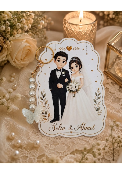 10 Adet Gelin & Damat Konsept Kelebek Anahtarlık - Nişan Hediye - Kına Hediye - Nikah 8,5x12cm