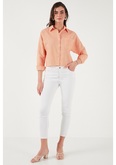 Lela Regular Fit Çizgili Göğüs Cepli Dokulu Bayan Gömlek 6772870 Oranj