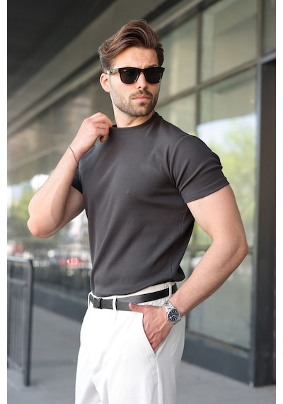 Madmext Füme Bisiklet Yaka Regular Fit Erkek Tişört E7188