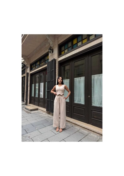 Unika Boutique Crop Yelek Pantolon Takım Bej
