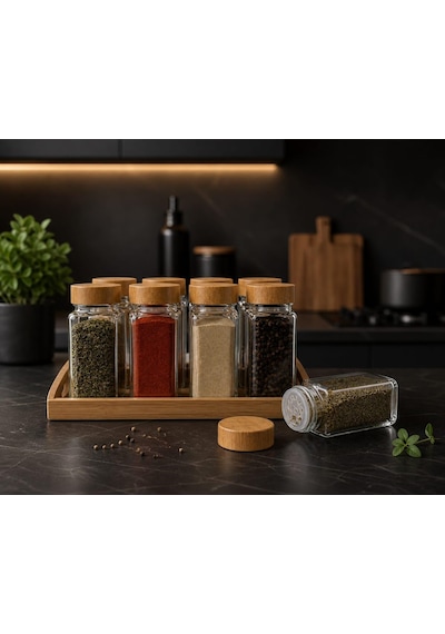 Bambu Kapaklı Cam Baharatlık Seti 12 Adet, Şeffaf Kare Baharat Kavanozu, Plastik Delikli İç Kapaklı Kontrollü Döküm Sistemi, 11x4x4 Cm Mutfak Düzenleyici Baharat Saklama Kabı Seti Çok Renkli