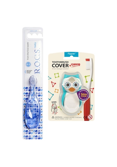 Rocs Baby 0-3 Yaş Soft Diş Fırçası (Mavi) + Flipper Hijyenik Saklama Kabı (Mavi Baykuş)