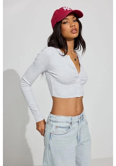 Madmext Gri Uzun Kollu Düğmeli Kaşkorse Crop Hırka Mg2193 Gri