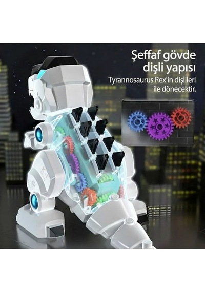 Vardem Oyuncak K-1 Gear Şeffaf Gövdeli Işıklı Sesli Yürüyen T-rex Robot Dinozor Beyaz Çok Renkli