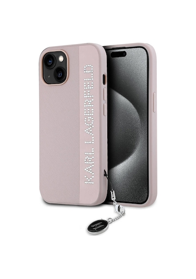 Apple Uyumlu iPhone  14 Kılıf Karl Lagerfeld Lisanslı Anahtarlıklı Taşlı Kl Yazılı Saffiano Rhinestones Pembe
