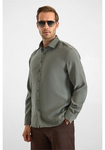 Süvari Koyu Yeşil Slim Klasik Yaka Düz Pike Torba Cep Manşetli Kısa Kollu Casual Gömlek Sgm1008400027-y05