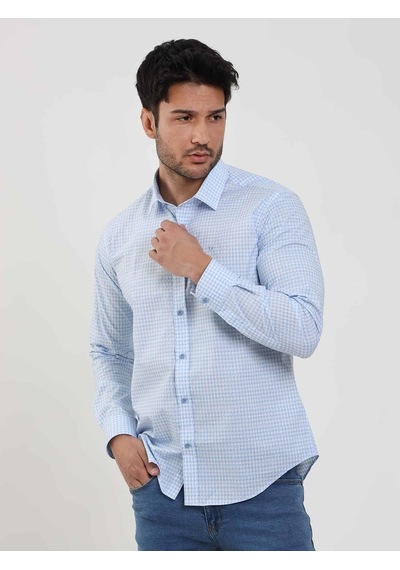 Dufy Mavi Erkek Slim Fit Kareli Brent Yaka Uzun Kol Gömlek - 102384-mavi Mavi