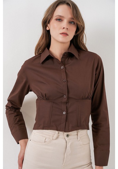 Hiccup Bdart Fitted Poplin Düğmeli Kısa Gömlek Mocha Kahvesi