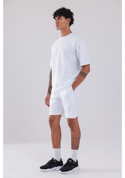 Rowinger Waffle Dokulu Oversize T-shirt Ve Şort Erkek Takım Whıte