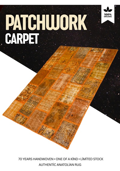 Modern Bohem Stil Vintage Halı Özel Tasarım Turuncu Patchwork Koleksiyonu Turuncu