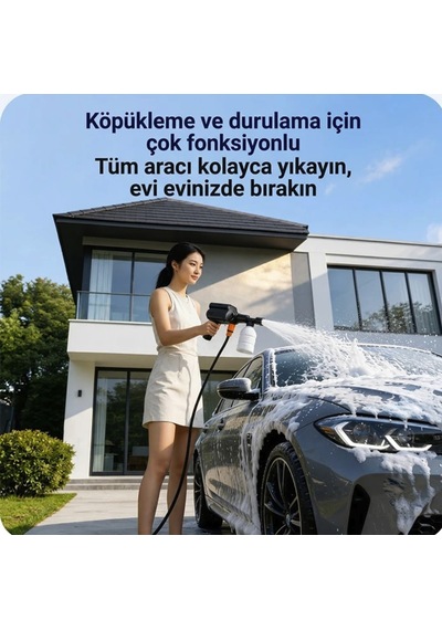 Şarjlı 60 Bar Basınçlı Araba Yıkama Temizleme Makinası Köpüklü Araba Yıkama 15 Metre Hortum Çantalı