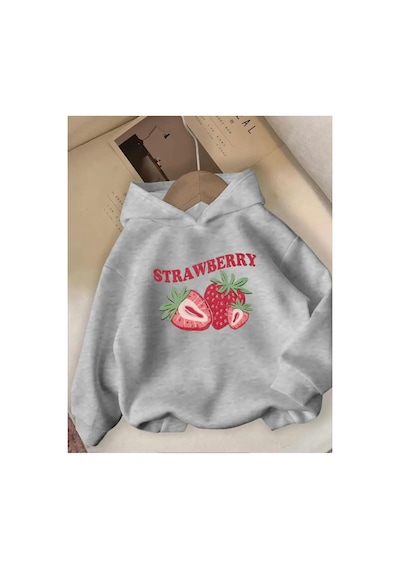 Herkesemoda Strawberry Baskı Detaylı İçi Polarlı Kapüşonlu Sweatshirt Gri