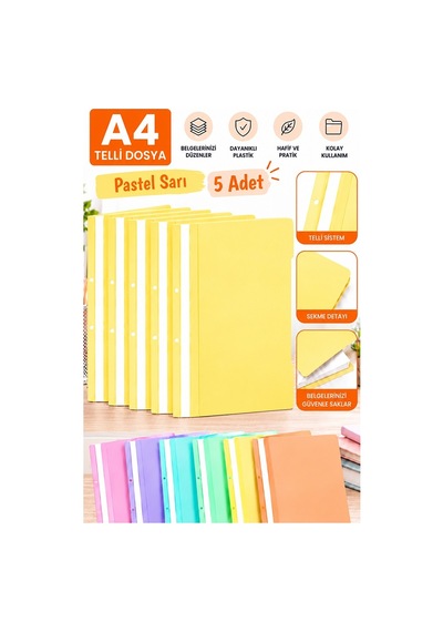 Telli Dosya Pastel Sarı A4 5 Adet Ekonomik Kaliteli Plastik Telli Dosya Evrak Sunum Dosyası Renkli Ofis Büro Okul