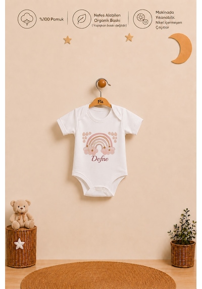 Pia Baby İsme Özel Kız Bebek Kısa Kollu Body Zıbın %100 Pamuk Alttan Çıtçıtlı Organik Baskılı Bebek Body 1031ba2x Ekru