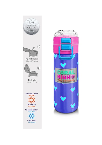 Coral High Kids Lavanta Pembe Kalp Desenli Pipetli Ve Direkt İçim Çelik Termos 500 Ml 31922 Lavanta - Pembe