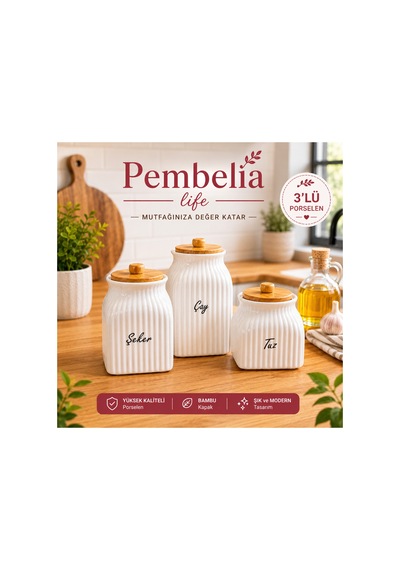 3 Lu Porselen Çay Şeker Tuz Saklama Kavanoz Seti Baharat Takımı 1000ml 750ml 500ml Beyaz Beyaz