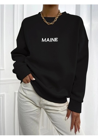 Startmore Kadın Maın Baskılı Oversize Bisiklet Yaka Sweatshirt Siyah Siyah