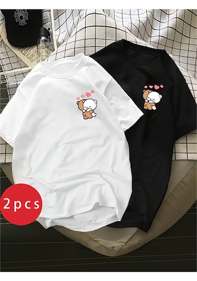 Nevermind Sevgili Kombini Ayıcık Kalp Baskılı Çift Tişört Oversize Unisex P Çok Renkli