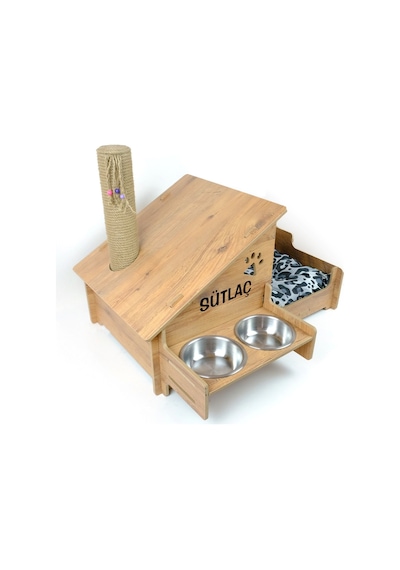 Ahşap Kedi Evi - Mama Kabı - Özel Isim Baskılı - Tırmalama Çubuklu -meşe Mdf - Çelik Kase - 2 400ml