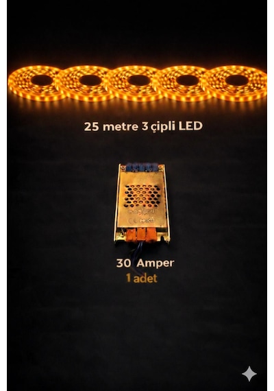 3 Çipli 25 Metre Led + 30 Amper Trafo Amber