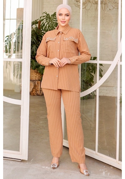 Bestenur Taşlı Keten Tunik Pantolon İkili Takım 834 - Vizon Vizon