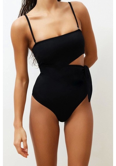 Ersefa Kadın Moda Atma Kap Askılı Brief Yaka Siyah Straplez Cut Out Penc