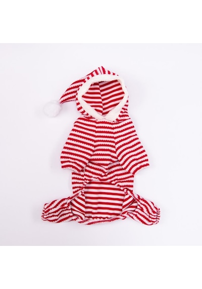 Elfstripe Hood Kırmızı Çizgili Şapkalı Triko Tulum Yılbaşı Noel Köpek Kıyafeti Kedi Kıyafeti Köpek Tulumu