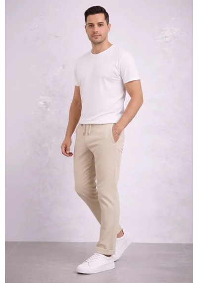Efnaz Style Erkek Diagonel Mikro Dokulu Duble Paça Cepli Pantolon Bağcıklı Bel, Modern Kesim - Krem