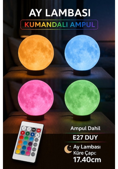 Ay Lambası Kumandalı Rgb Renk Değiştiren Gece Lambası 17.4 Cm E27 Ampul Dahil Çok Renkli