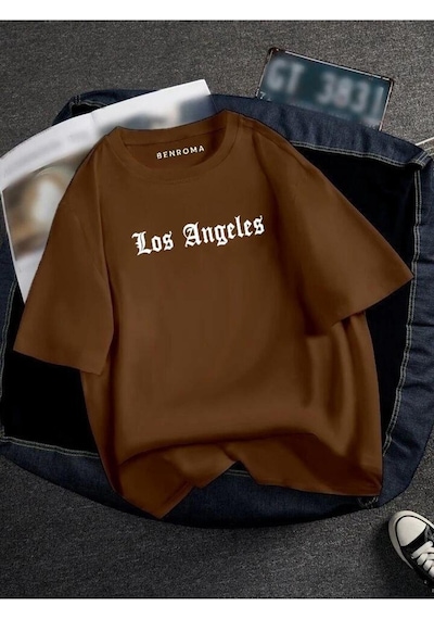 Oversıze Los Angeles Baskılı Unısex Tisort Baskılı Kahverengi