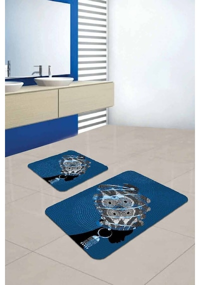 Mavi Etnik Desenli Banyo Halısı Klozet Paspas Seti Bs201n11