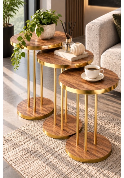 Sulorahome Ceviz Desenli Gold Metal Ayaklı 3'lü Zigon Sehpa Takımı Altın - Kahverengi