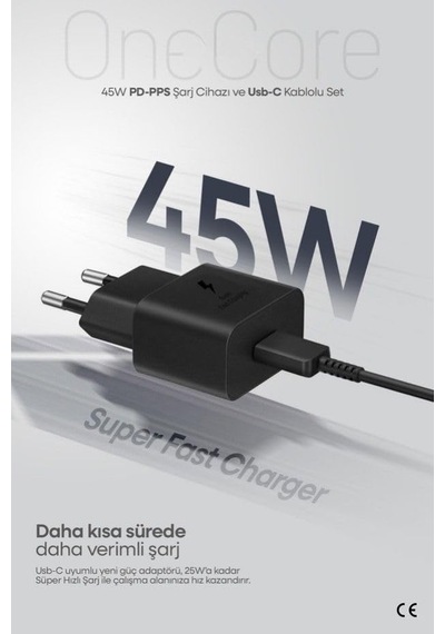 45w Usb-c Pd-pps Super Hız Şarj Adaptörü Ve 1m 5a Type-c To Type-c Kablo Siyah 3 Yıl