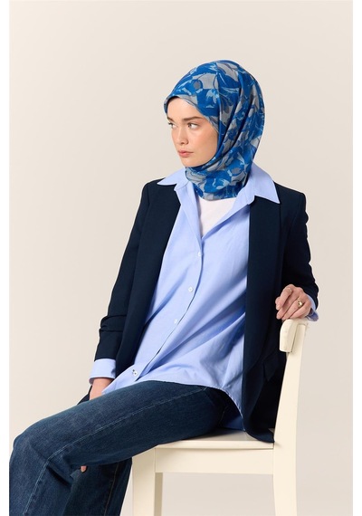 Silk Home İnce Pamuk Soft Eşarp Saks-gri Desenli Nefes Alan Tok Duruşlu 90x90 Çok Renkli