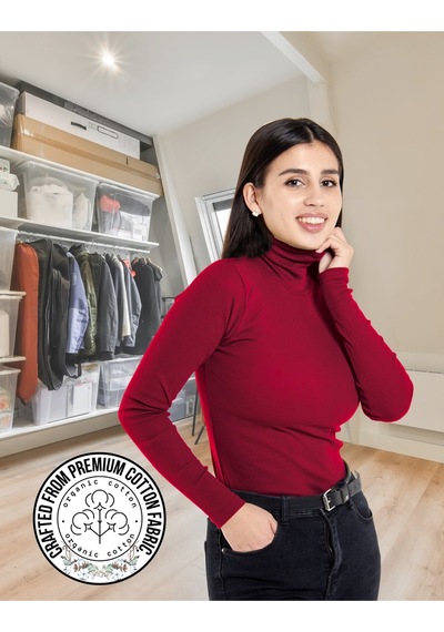 Alya Underwear Kaşkorse Tam Boğazlı Body Sweatshirt, Fitilli Kumaş, Likralı, Gül Kurusu Bordo