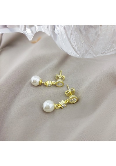 Vaoov 925 Ayar Gümüş Sallantılı Taşlı Gold İnci Küpe