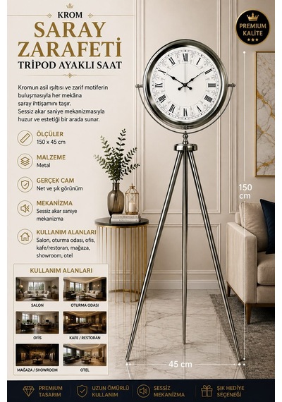 Krom Saray Zarafeti 150 X 45 Cm Metal Tripod Ayaklı Saat
