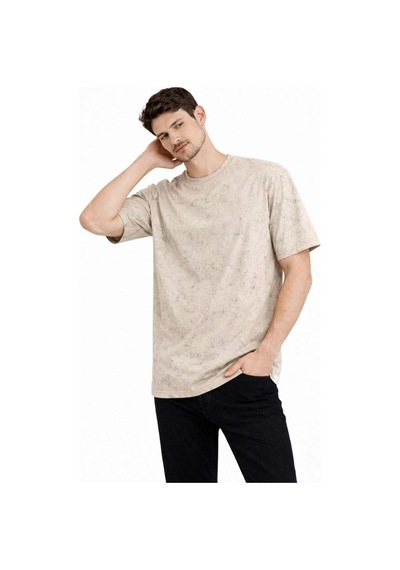 Erkek Asit Yıkama Bisiklet Yaka Kısa Kollu Oversize T-shirt Tişört - Bej