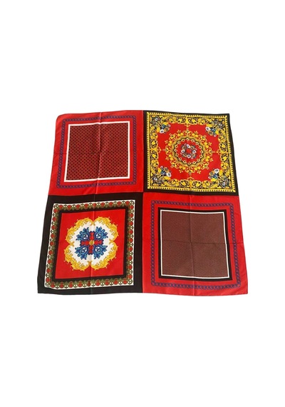 Tikitonki Geometrik Desenli Çok Parçalı Saten Kırmızı Eşarp - 90x90 Karışık Karışık