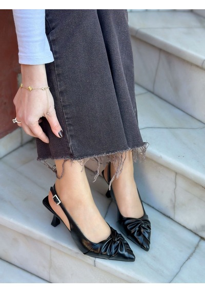 Ervanın Butiği Siyah Kırışık Deri Bow Fiyonk Detay Kadın Stiletto-6093