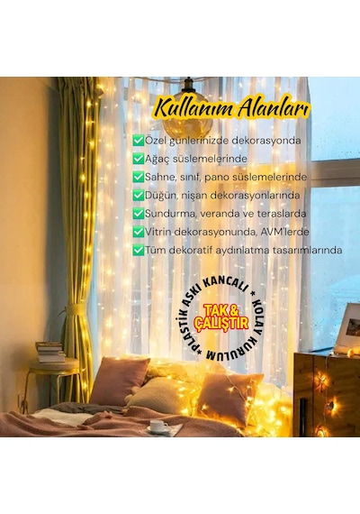 Upway 3x3 Metre Kumandalı 8 Modlu Askılı Usb 300 Led Işıklı Perde Gün Işığı Sarı