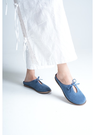 Analin Shoes Kadın Hakiki Deri Fiyonk Detaylı Düz Terlik Mavi